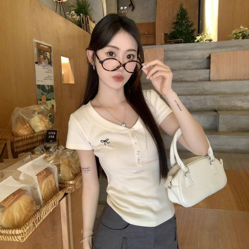 (S, apricot) Women Spring Summer Solid Color Short Sleeved T-shirt Tight V-neck Button Embroidered Blouses Pullover Top S-xxl