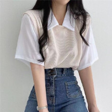 (XL, apricot) Women Spring Summer Solid Color Short Sleeved Polo Collar Fake Two T-shirt Loose Contrast Color Blouses Pullover Top S-xxl