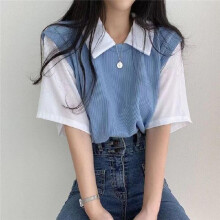 (M, blue) Women Spring Summer Solid Color Short Sleeved Polo Collar Fake Two T-shirt Loose Contrast Color Blouses Pullover Top S-xxl