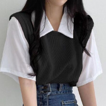 (L, black) Women Spring Summer Solid Color Short Sleeved Polo Collar Fake Two T-shirt Loose Contrast Color Blouses Pullover Top S-xxl