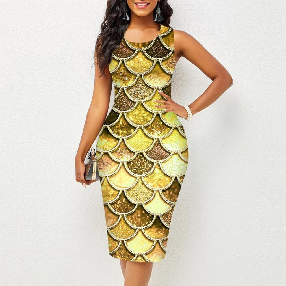 (yellow, M) 2022  Women's Dress Sling Summer Print Dresses Tight Sleeveless Slim Fit Sexy Fashion Top  Clothing