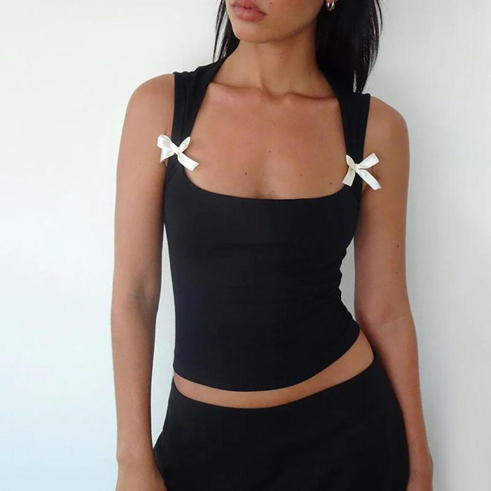 (S, black) Y2k Women's Bow Tie-up Tank Tops Wide Shoulder Straps Bandage Camisole Sexy Low Cut Crop Tops Female Vest Tops