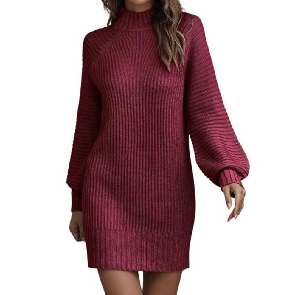 (wine red, L) Popular Mini Dress Solid Color Coldproof Breathable Casual Ribbed Mini Pencil Knitted Dress Daily Clothing