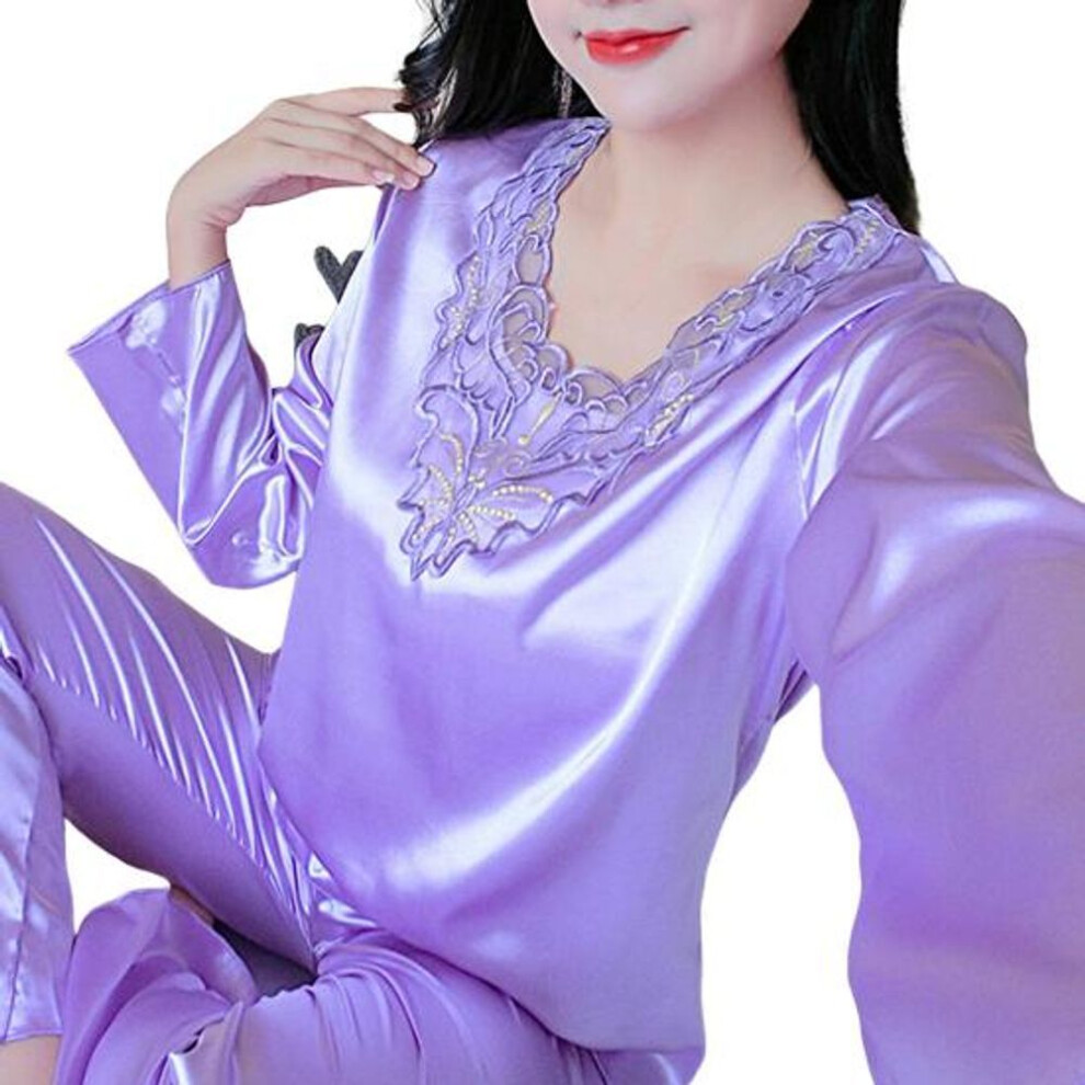 (3XL, light purple) 2 Pcs/set Comfortable Spring Nightie Set V Neck Sleeping Lace Plus Size Women Nightie Set For Bedroom