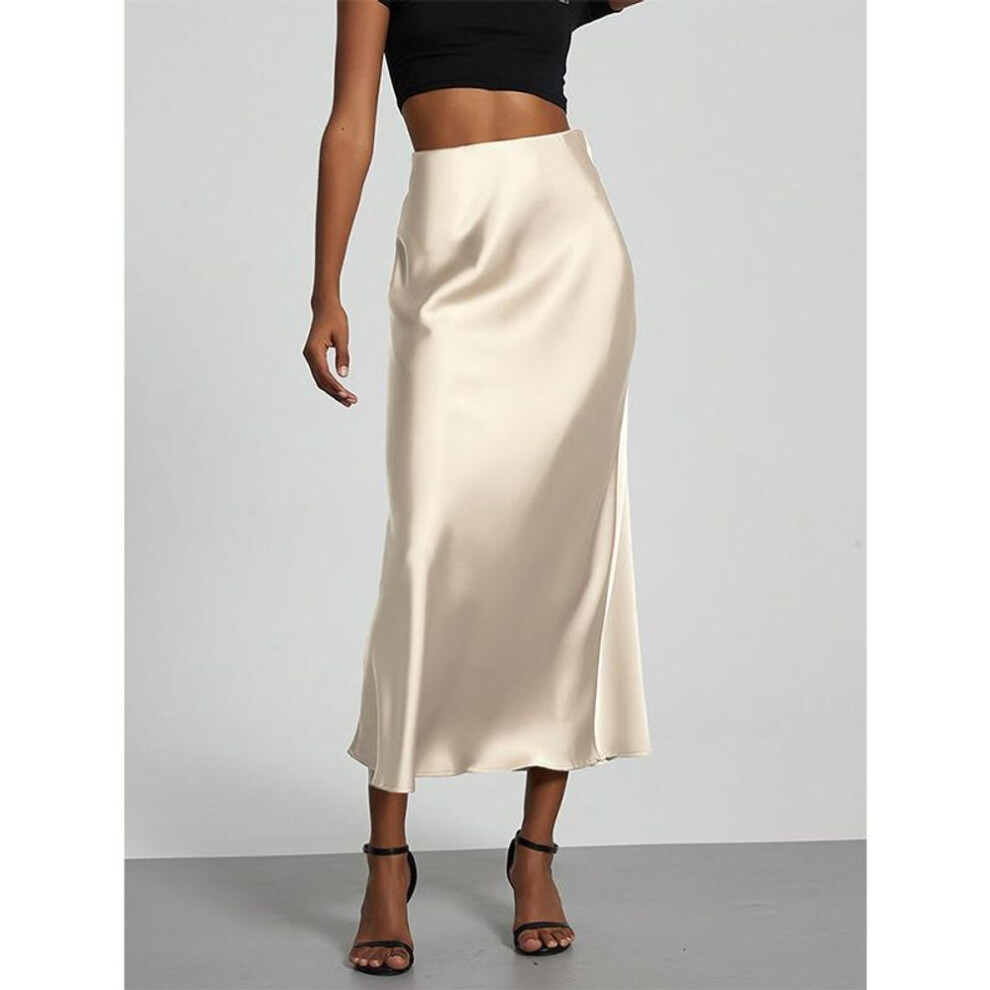 (S, beige) Fashion Satin Party Long Skirt High Waist Solid Color Casual Basic Women Skirts Fishtail Skirt Chic Summer Woman Clothing 2025