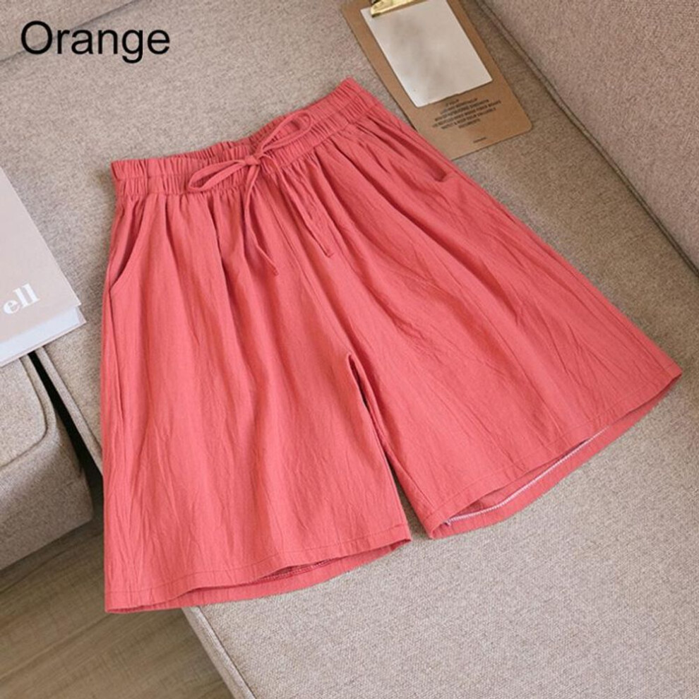 (orange, L) Women Comfortable Wide Leg Pants Drawstring Shorts Elastic Waist Breathable Solid Color Summer