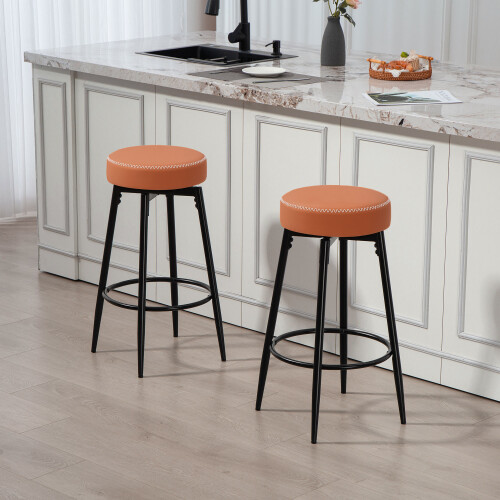 (Brown) HOMCOM 360 Swivel Bar Stools Set of 2, PU Leather Barstools with Footrest