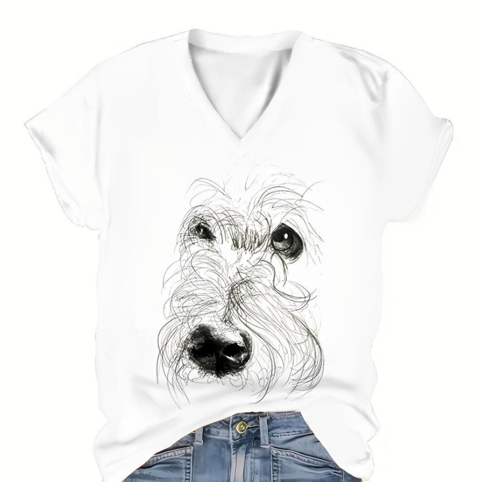 (7XL, as the picture) Dog Print V Neck T-shirt, Casual Short Sleeve T-shirt For Spring & Summer, Women's Clothing