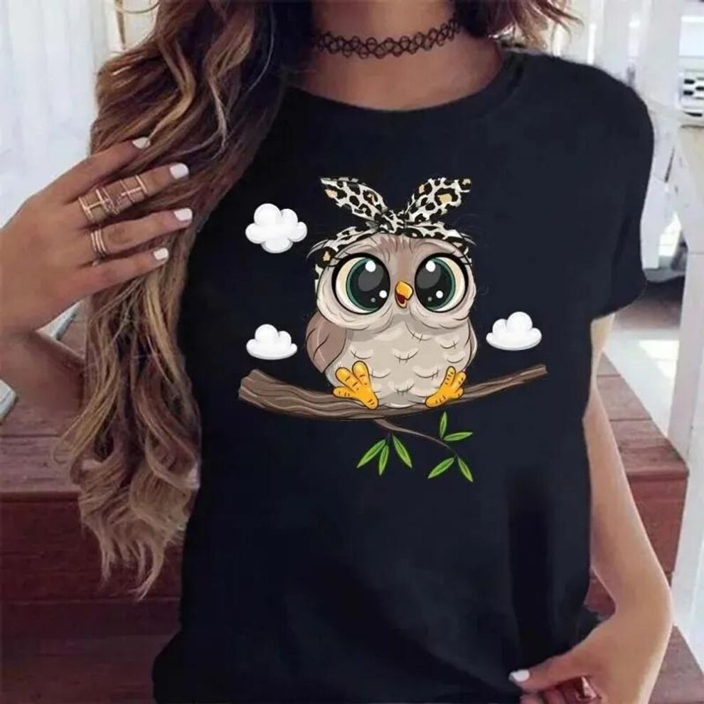 (2XL, as the picture) Cartoon Owl Printed T-shirt Women Kawaii Pattern Shirt Casual Short Sleeve's Black Women T-shirt O Neck Harajuku T-shirt