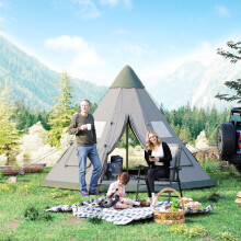 Outsunny 6-7 Person Large Family Camping Tent with Carry Bag, Grey — 2.6m High Tipi, Pre-Attached Rust-Resistant Poles, 8 Windows (A20-136GN)