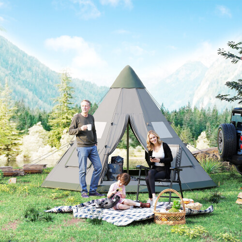 Outsunny 6-7 Person Large Family Camping Tent with Carry Bag, Grey — 2.6m High Tipi, Pre-Attached Rust-Resistant Poles, 8 Windows (A20-136GN)
