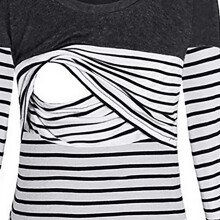 Women's Maternity Shirts Round Neck Long Sleeve Stretchy Nursing Striped Shirts Tops for Quick Breastfeeding Black L