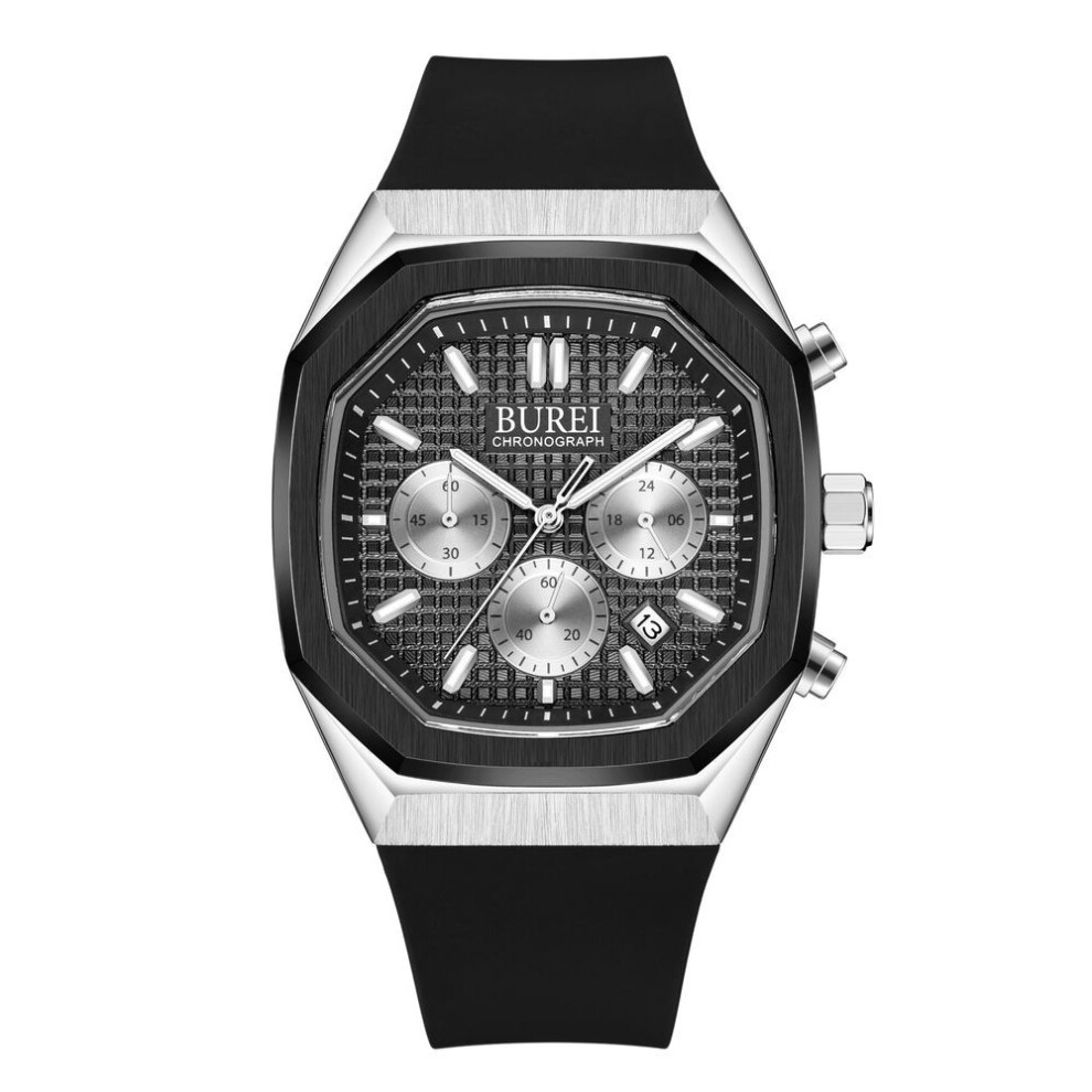 [burei] Men's Watch Rectangular Face Chronograph Quartz Men's Watch Analog Waterproof Date Black Urethane Belt Watch Men's Gift