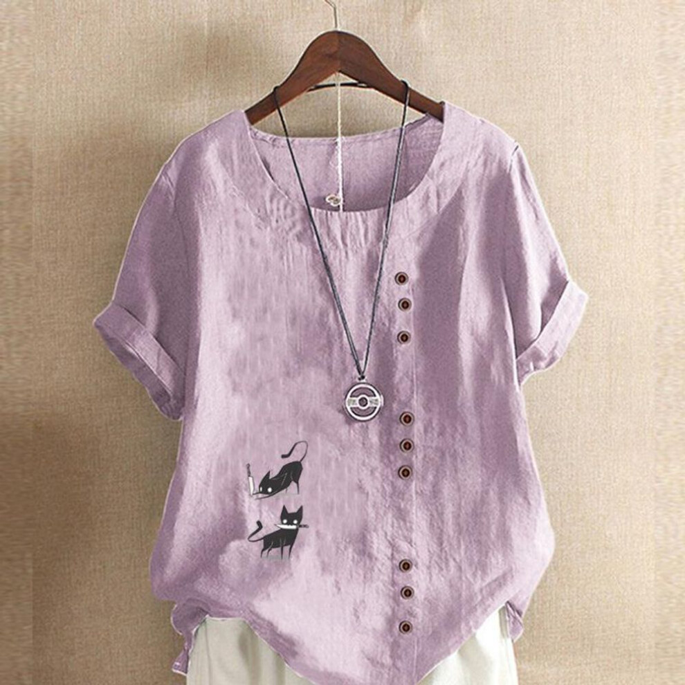 (5XL, purple) Women's Fashion Round Neck Short Sleeve T-shirt Casual Cotton Linen Graphic Shirt Leisure Loose Black Cat Prined Summer Blouse Tops
