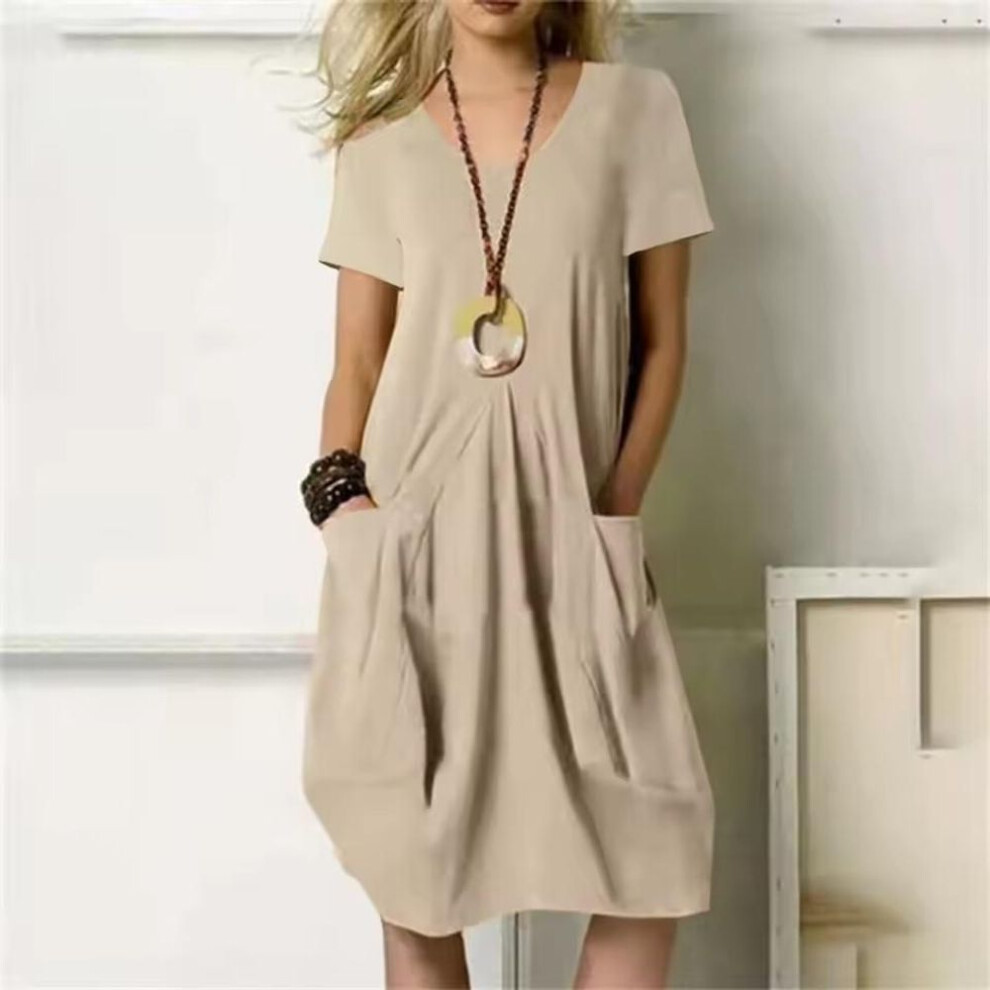 (khaki, 2XL) Solid Casual Dress Women Oversized O-neck Short Sleeve Dresses With Pocket Daily Street Wear Plus Size Fashion Lady Summer Dress