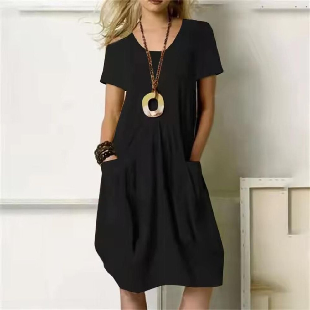 (black, 2XL) Solid Casual Dress Women Oversized O-neck Short Sleeve Dresses With Pocket Daily Street Wear Plus Size Fashion Lady Summer Dress