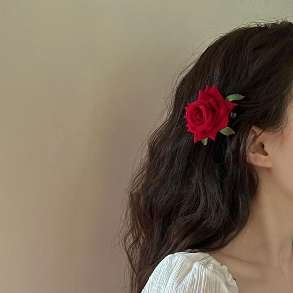 (red) Retro Red Pink Rose Flower Classy Elegant Fashionable Hairpin Side Clip Hair Accessories