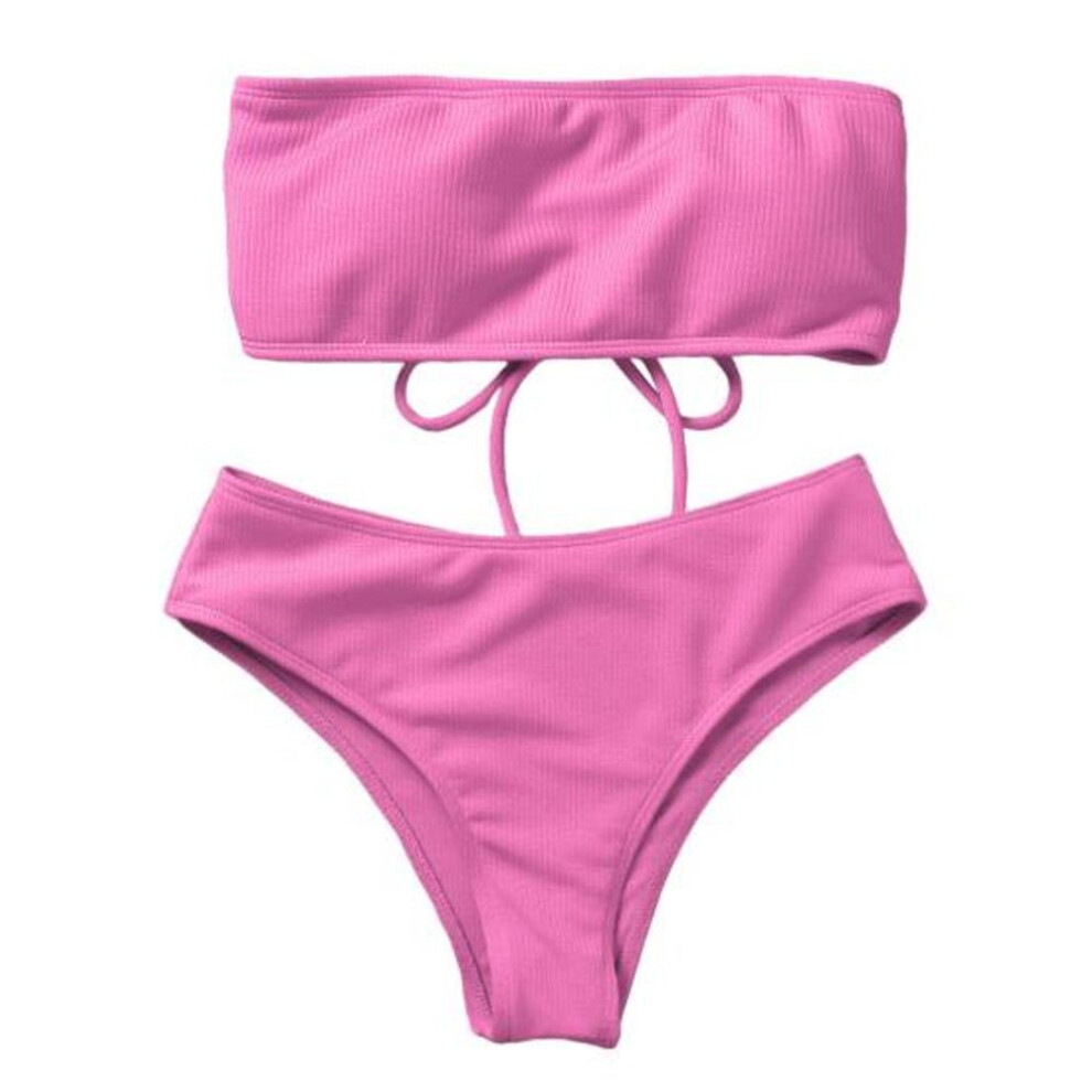 (XL, pink) 1 Set Soft Bathing Suit Elastic Bathing Two-piece Set Bandeau Swimming Trunks Split Bikini Set Beachwear-image-OPC-PHV25ZQ-NEW