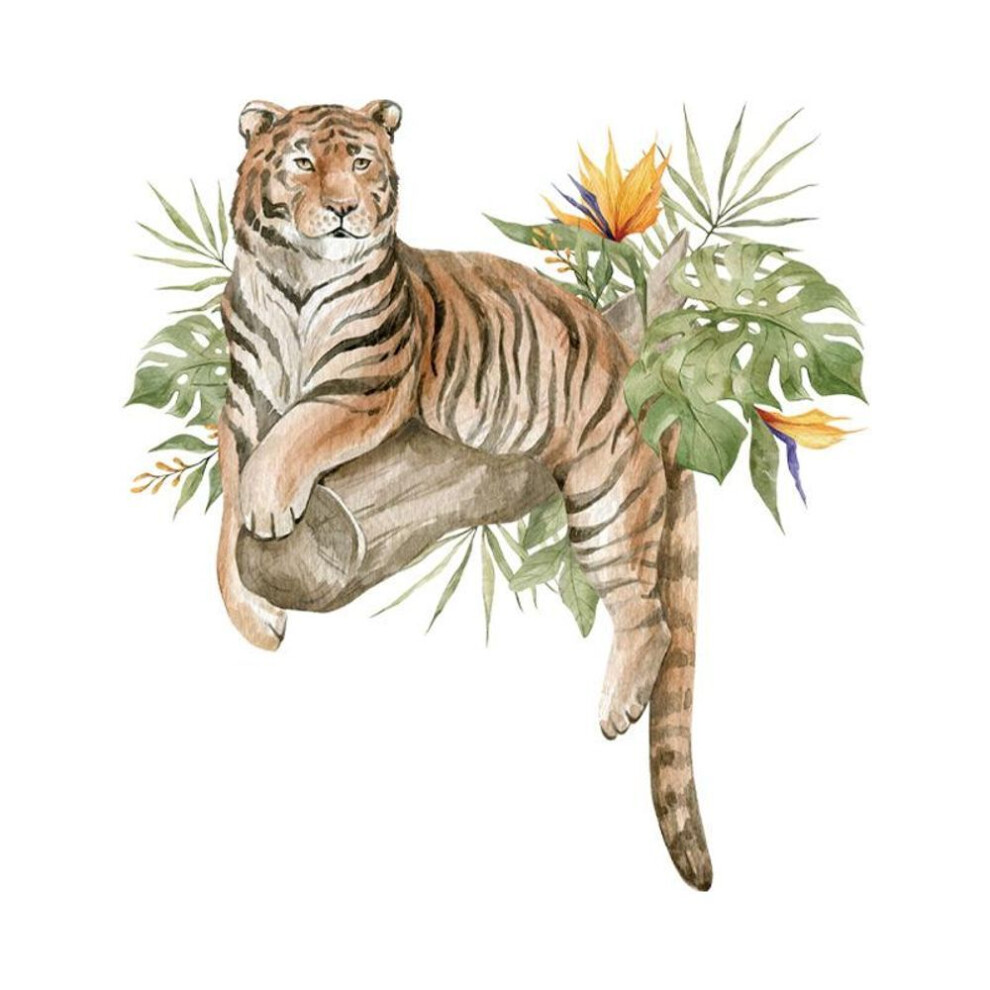 (beige, as pic) Tropical Wild Tiger Wall Stickers Hand-painted Animal Tiger Wall Decals Living Room Porch Background Wall Decoration Poster Stickers