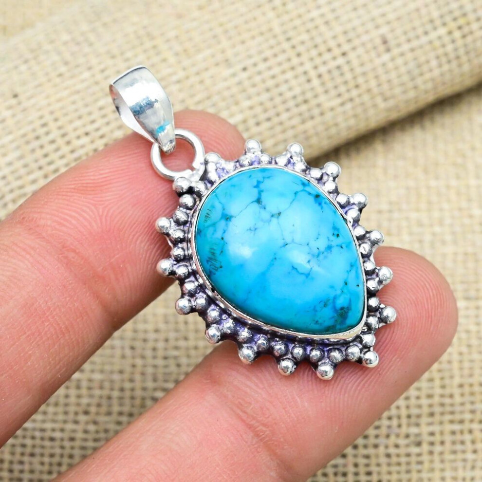 Blue Turquoise Gemstone Handmade 925 Sterling Silver Jewelry Lovely Pendant Gift For Grandma