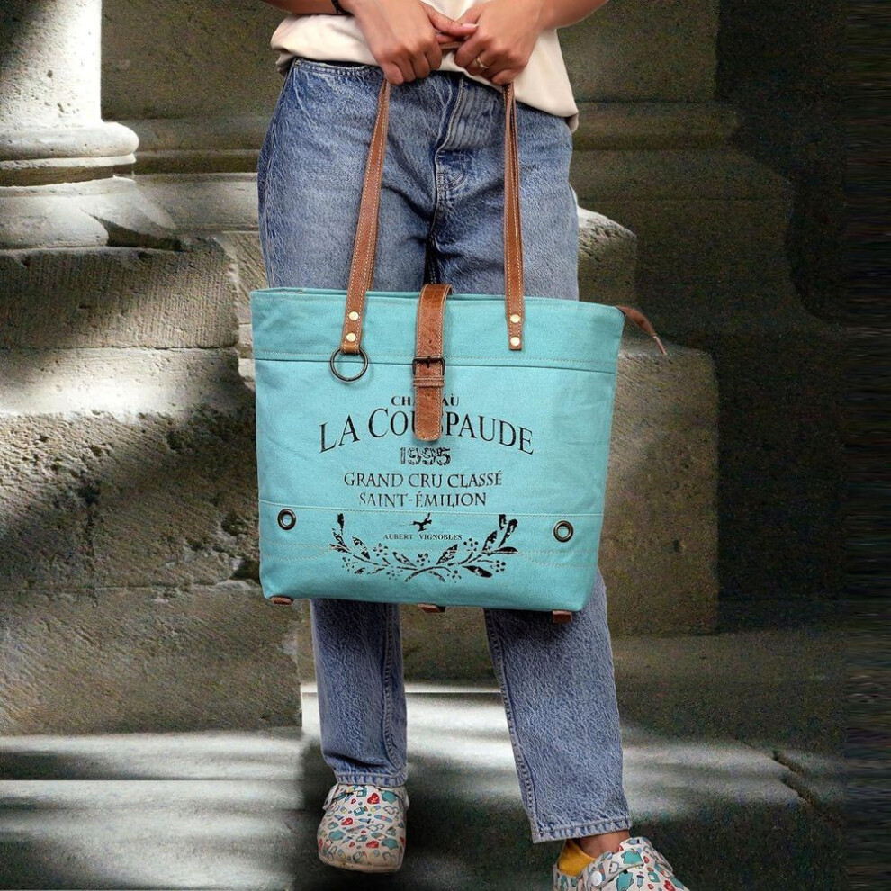 Leather Upcycled Canvas Tote Bag For Women
