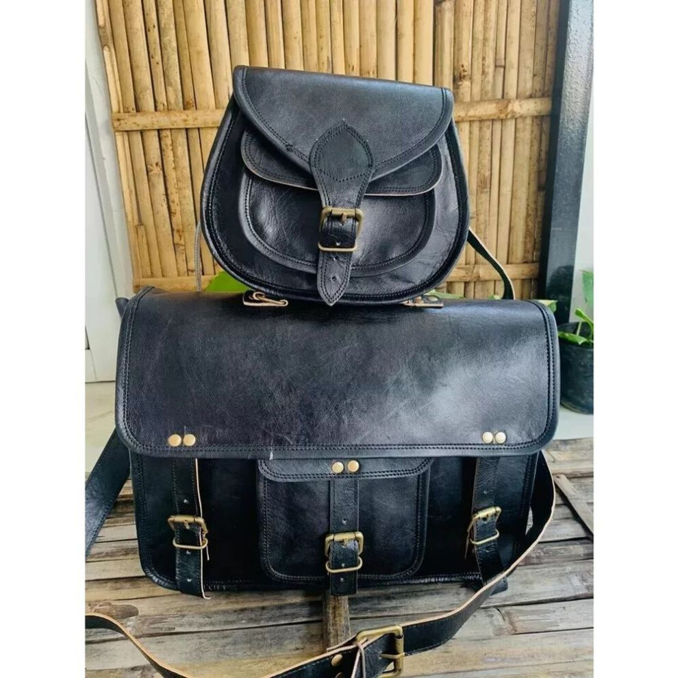 (black, 17 x 13 x 6 in) Genuine Vintage Black Leather Messenger Bag Shoulder Laptop  ( Gift For Girlfriend Bag Size  - 9 X 7 X 3 In )