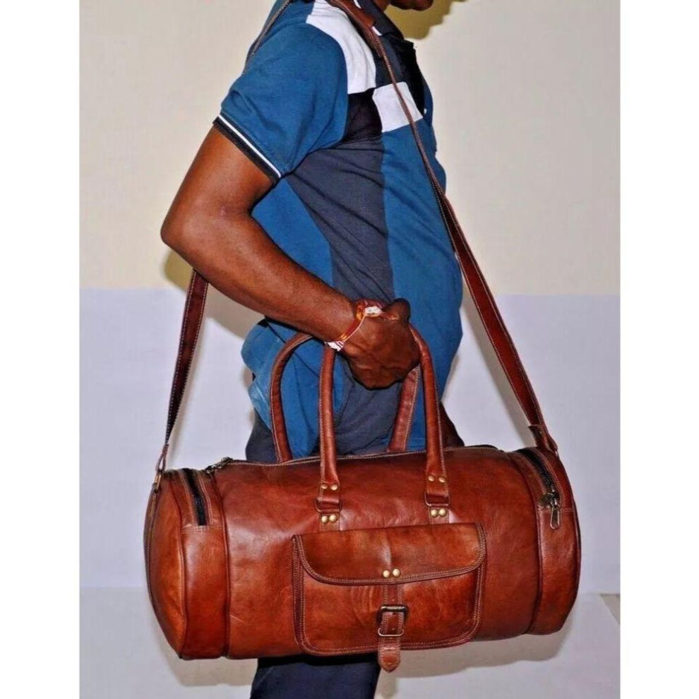 (brown, 24 x 9 x 9 in) Handmade Soft Leather Real Goat Leather Gym Bag Vintage Duffel Travel Bag