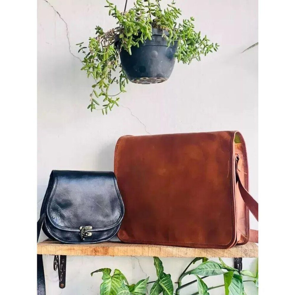(brown, 13 x 10 x 4 in) Messenger Goat Leather Brown Shoulder   (free Sling Black Bag Size - 9 X 7 X 3 In )