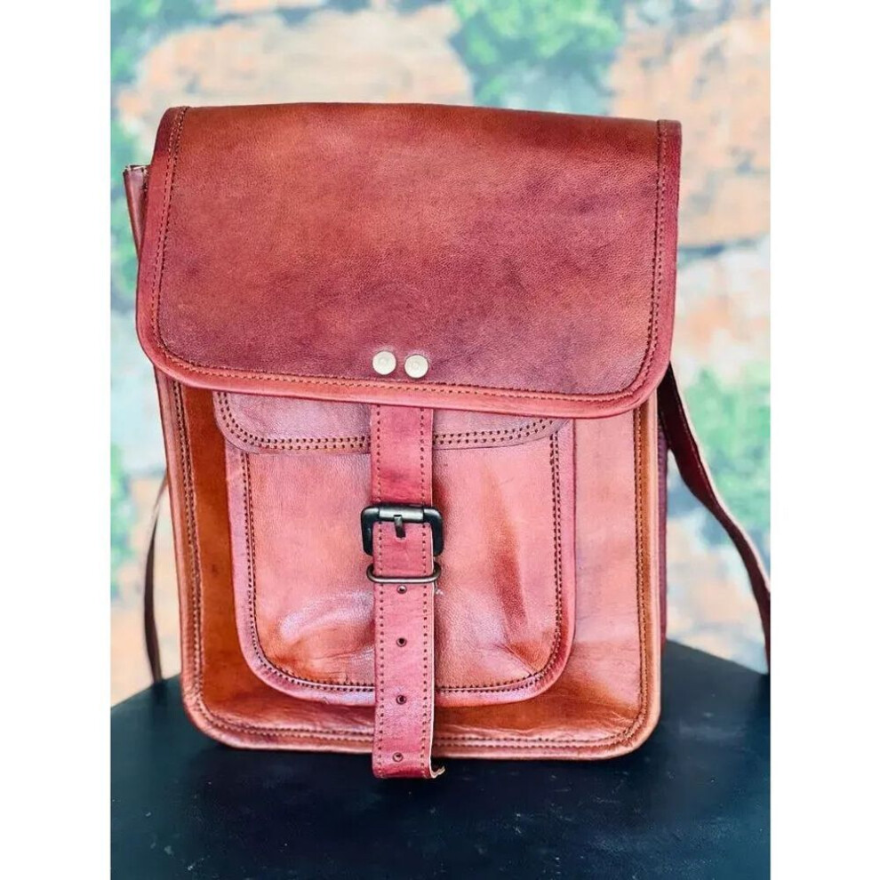 Men's Handmade Goat Brown Leather Messenger Shoulder Bag.