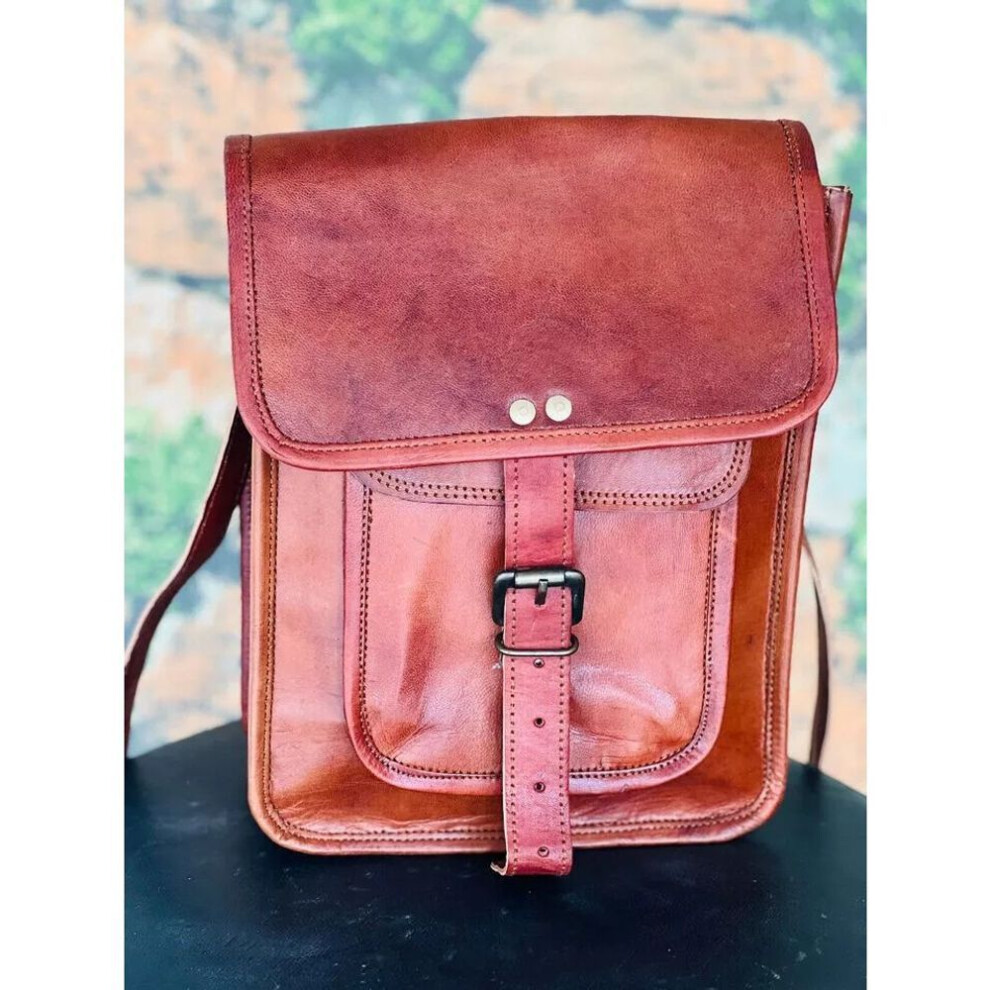 Men's Handmade Goat Brown Leather Messenger Shoulder Bag.