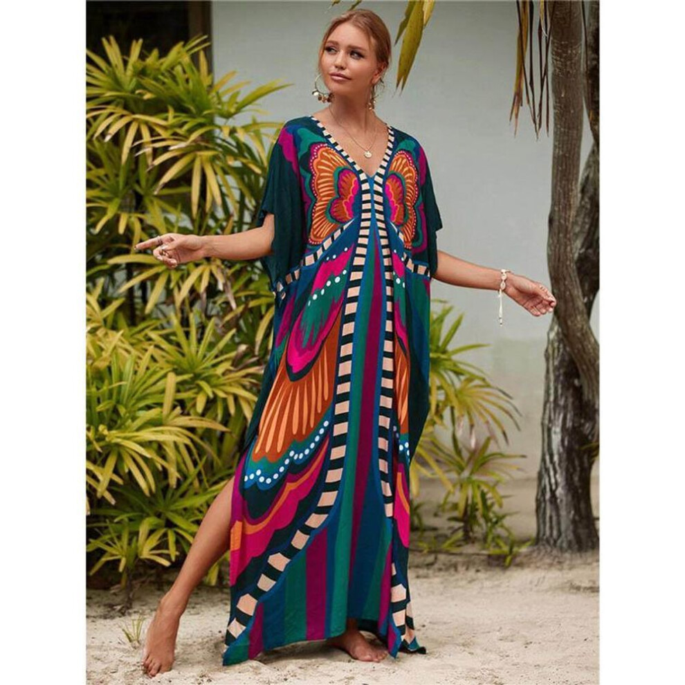 (One Size, purple) Printed Turkish Robe Bat Sleeve Summer Tunic Plus Size Swimwear Cover Up For Women's Swimwear Blue Kaftan Dresses