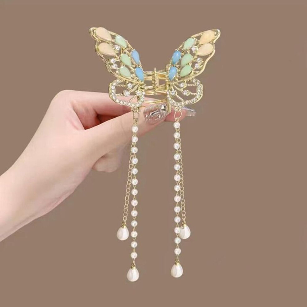 (A5) Exquisite Rhinestone Butterfly Fringe Hair Claw Clips Korean New Ponytail Braid Pearl Hairpin Girl Crab Metal Headdress Gift