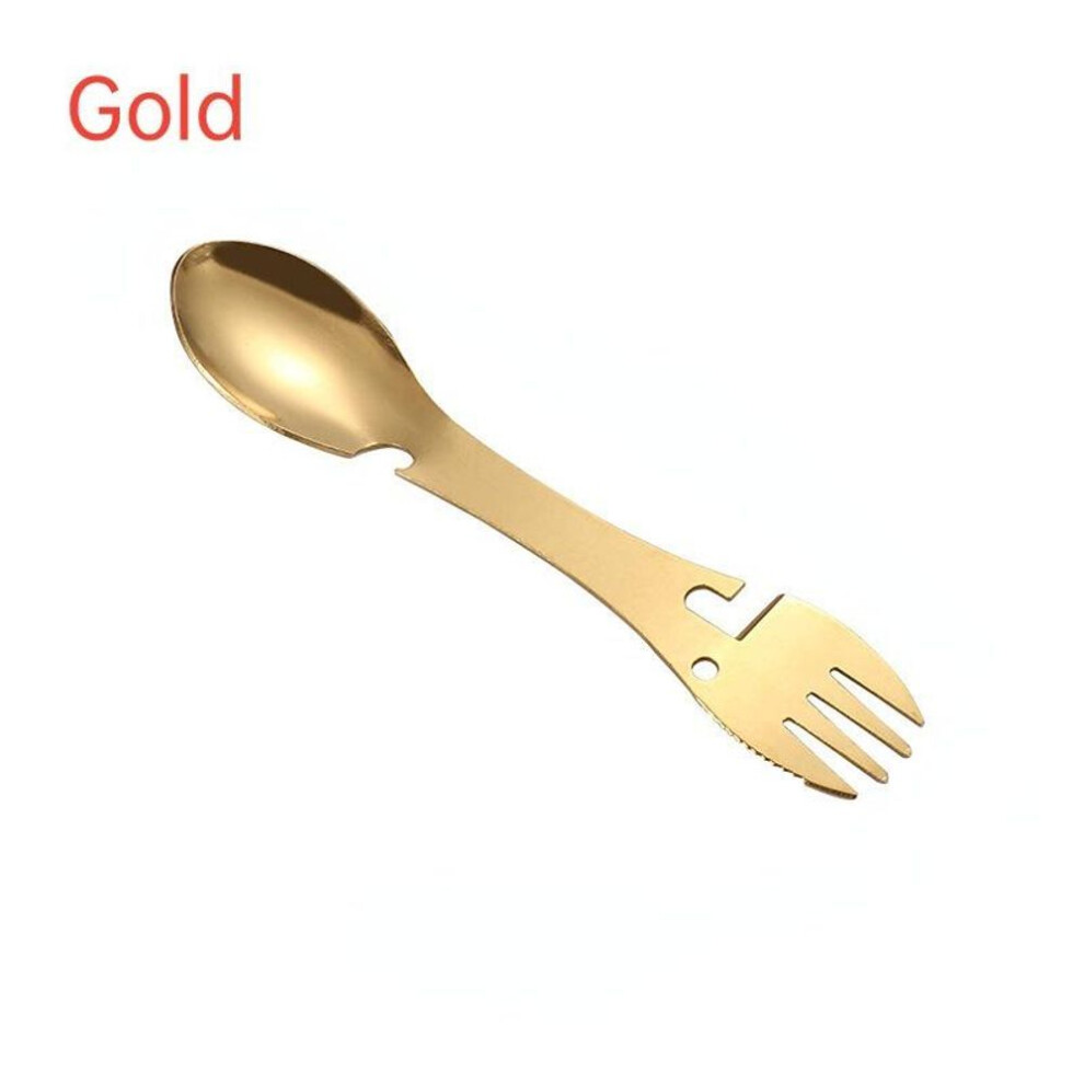 (gold) 5 In 1 Multifunctional Stainless Steel Fork Spoon Cutlery Utility Fork Knife Spoon Can Opener Outdoor Cooking Camping Tools
