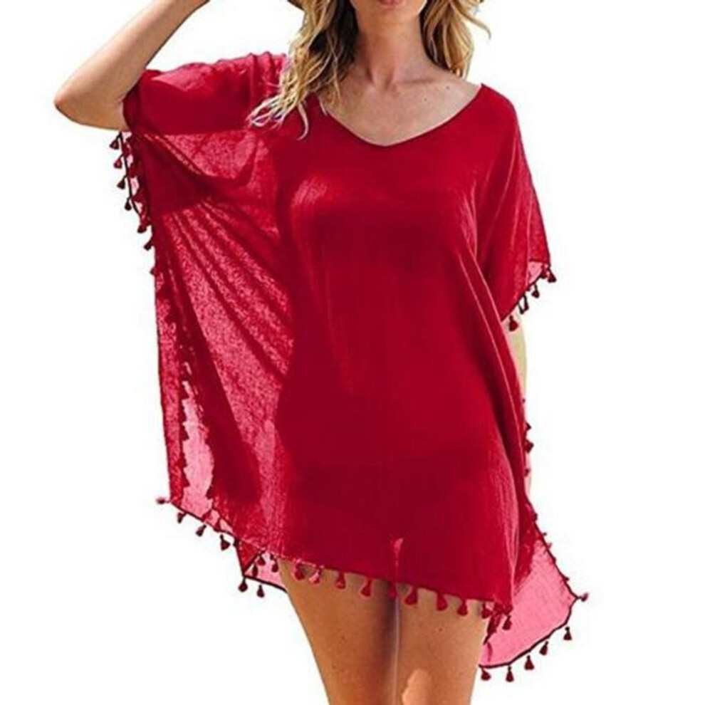 (red) Swimsuit Cover Up Solid Color Loose See-through Tassel Bikini Dress