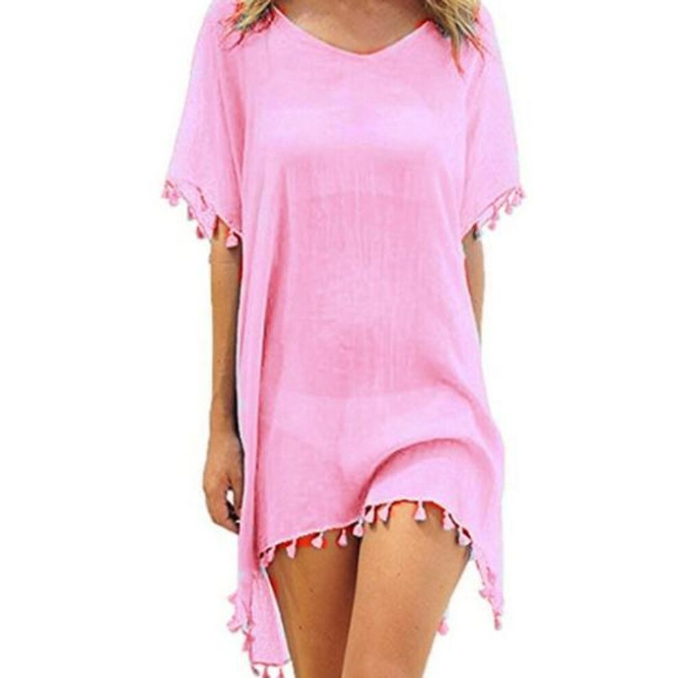 (pink) Swimsuit Cover Up Solid Color Loose See-through Tassel Bikini Dress