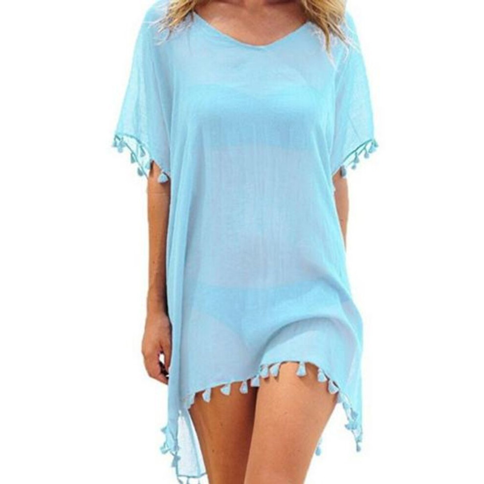 (light blue) Swimsuit Cover Up Solid Color Loose See-through Tassel Bikini Dress