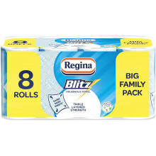 Regina Blitz Household Towels 8 Rolls, Triple Layered, 70 Sheets Each