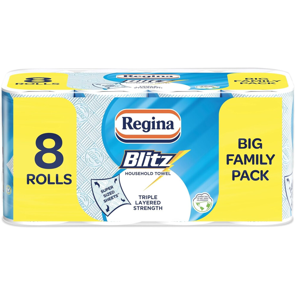 Regina Blitz Household Towels 8 Rolls, Triple Layered, 70 Sheets Each