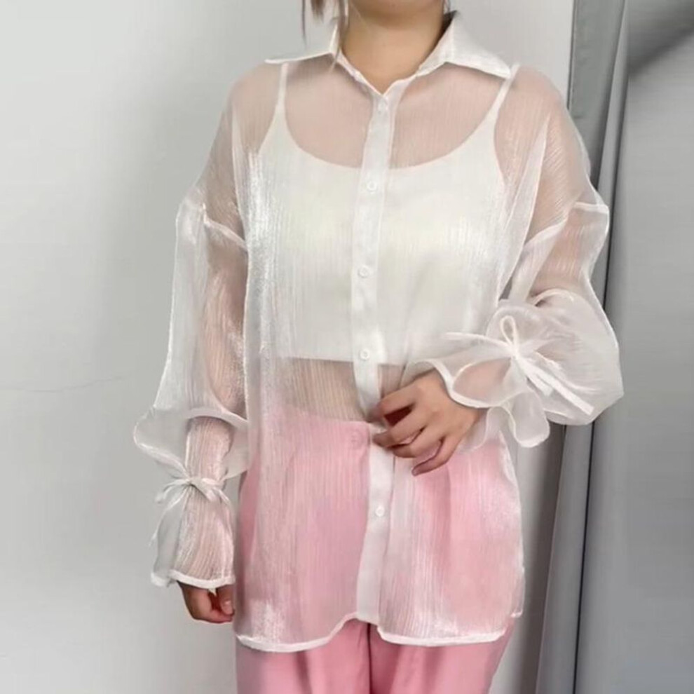 (L, white) Fashion Sexy See Through Casual Loose Shirt Women Vintage Puff Sleeve Lace-up Ladies Women's Blouses Elegant Slim Summer Tops Women's Clothing 26255