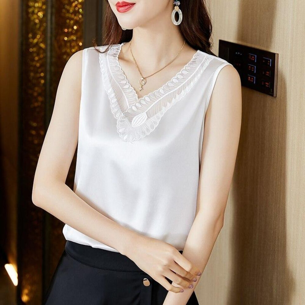 (XXL, white) 2022 Solid V-neck Lace Silk Blouses Summer Fashion Women Satin Vest Elegant Office Lady Womens Sleeveless Top Blusas 19134