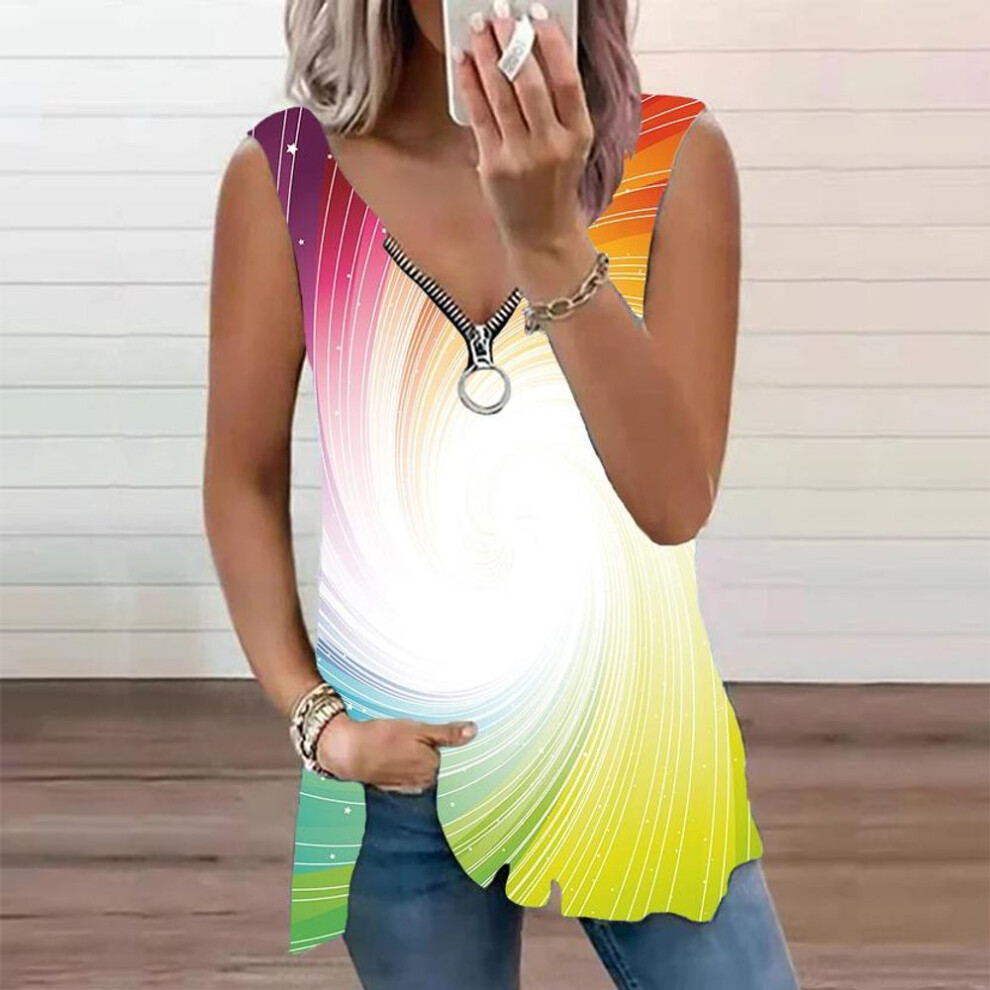 (6XL, green) Women's Top Summer New Fashion Multicolor Flower Printed Casual Plus Size Sleeveless Zipper V-neck Top Tank Top
