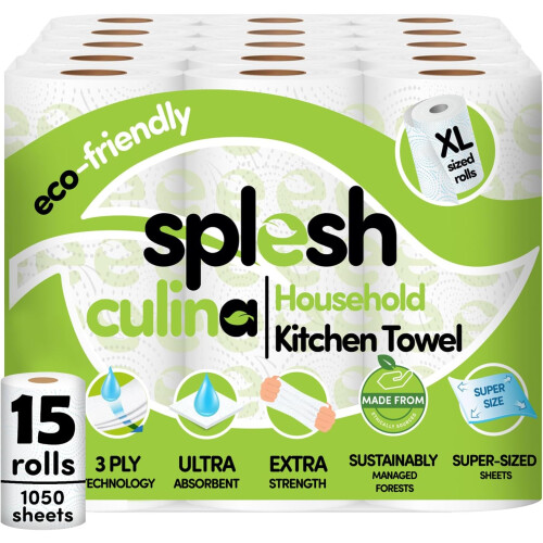 Cusheen Splesh Culina 3-Ply XL Kitchen Towels, 15 Rolls, 1050 Sheets