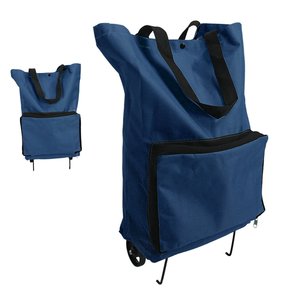Blue Foldable Cart Bag Zipper Reusable Large Capacity Portable Oxford Fabric Grocery Cart Bag With Wheels Navy