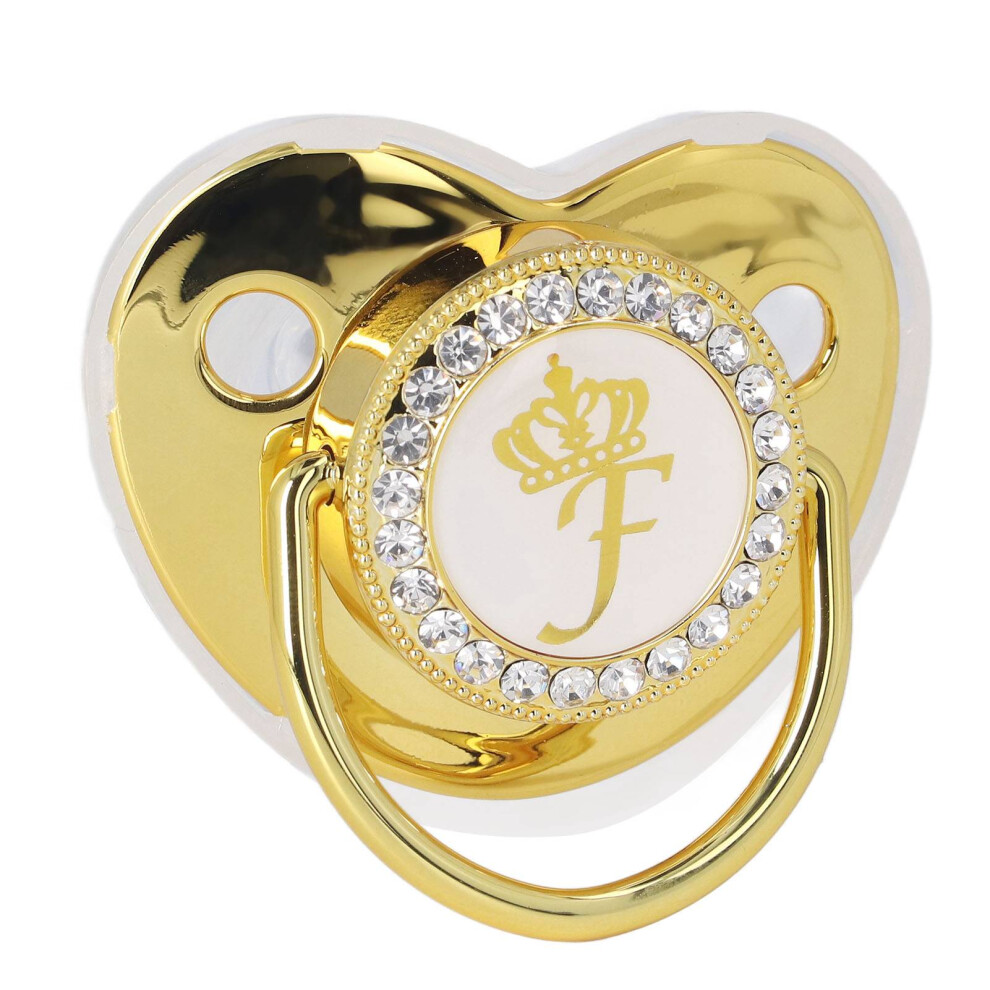 Baby Pacifier Infant Portable Exquisite Crown Letter Rhinestone Pacifier With Chain Clip Letter F Golden