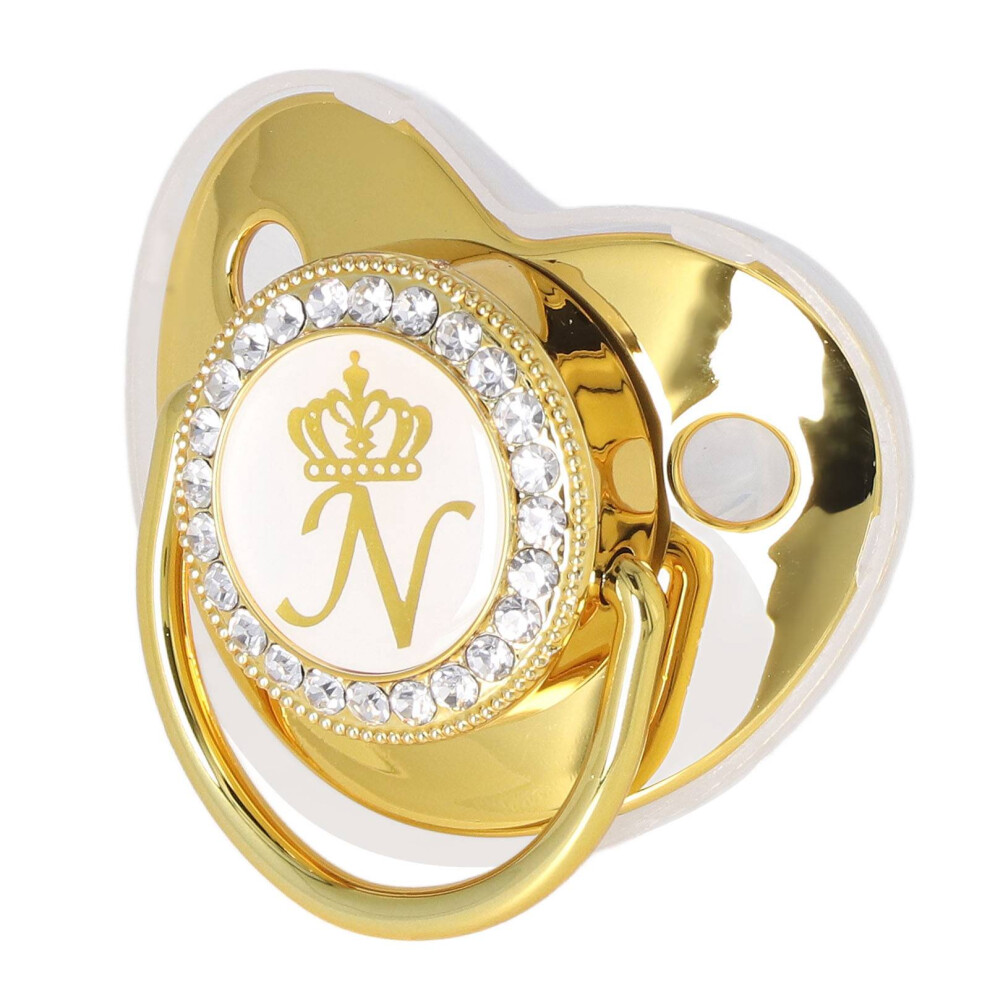 Baby Pacifier Infant Portable Exquisite Crown Letter Rhinestone Pacifier With Chain Clip Letter N Golden