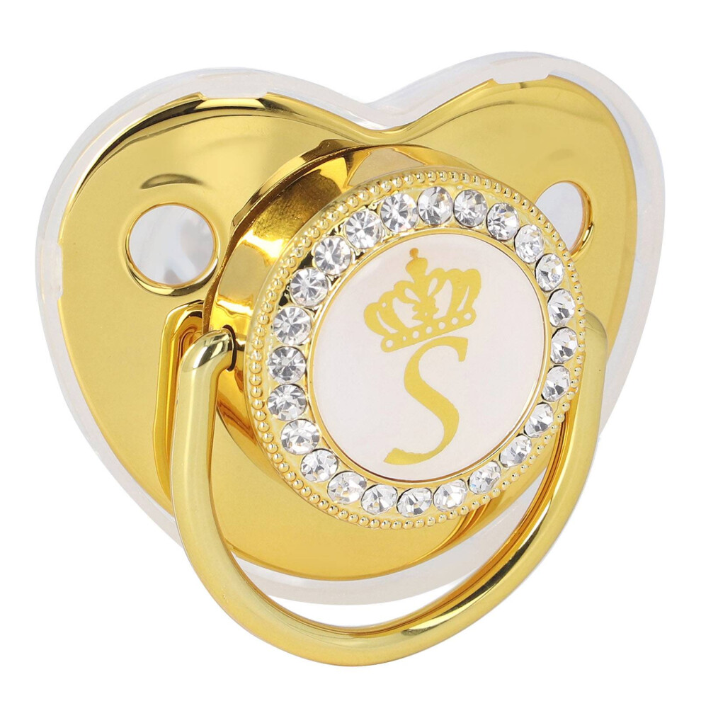 Baby Pacifier Infant Portable Exquisite Crown Letter Rhinestone Pacifier With Chain Clip Letter S Golden