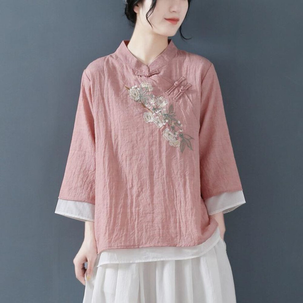 (S, pink) Shirts Women Long Sleeve Linen Button Up Shirt Cotton Embroidery Vintago Plus Size Ladies Tops Blouse O Neck Casual White