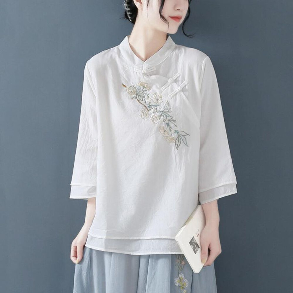 (L, white) Shirts Women Long Sleeve Linen Button Up Shirt Cotton Embroidery Vintago Plus Size Ladies Tops Blouse O Neck Casual White