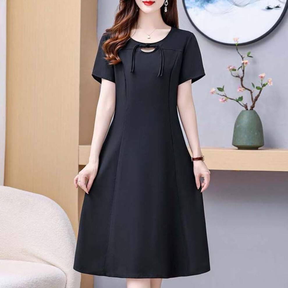 (black, 3XL) Elegant Chiffon Dress For Women Plus Size Casual Slim Short Sleeve Long Dresses Female Vintage Print Summer Clothes