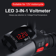 3-en-1 Voltímetro Reloj Temperatura 6-30V Negro 70x33x19.5mm
